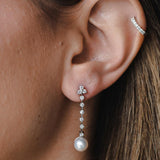 עגילי יהלומים נופלים ופנינה זהב לבן