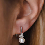 עגילי פנינה ויהלומים זהב לבן